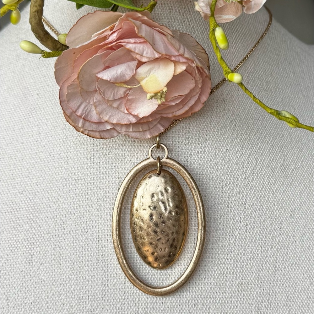 Modernist Hammered Gold Tone Pendant Long Chain Sculptural WHBM Style Necklace
